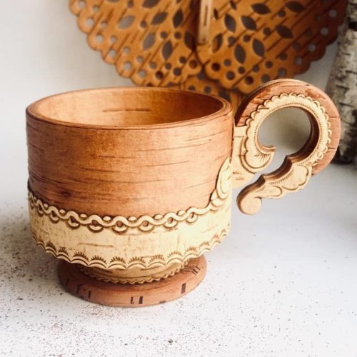 Birch bark coffee cup with base - are true works of art. We are glad that an ancient handicraft is flourishing. Each cup is unique.